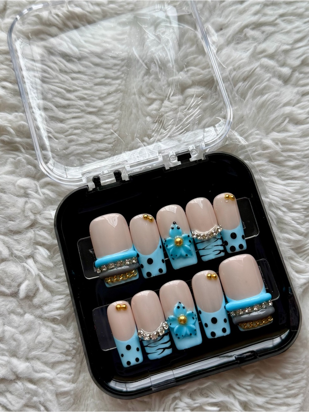 LARGE Blue & Nude 3D Floral Press-On Nail Set